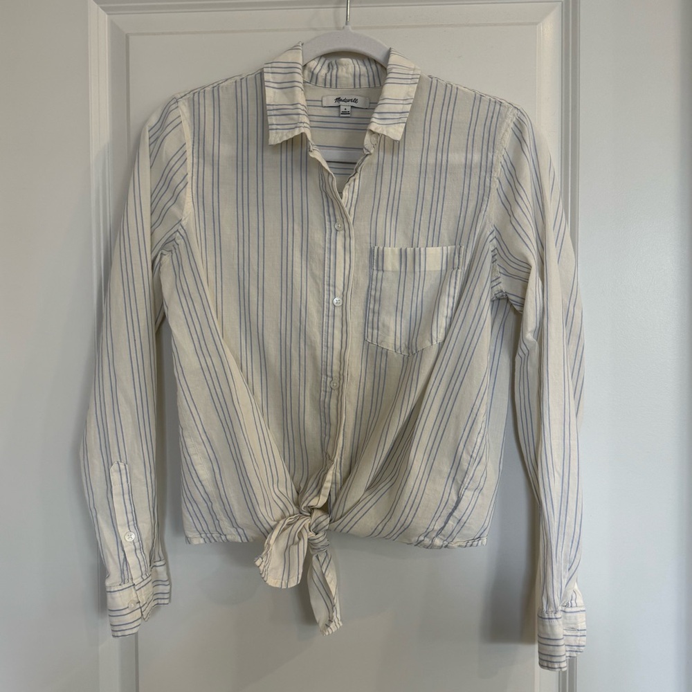 Madewell Cotton Yellow and Blue Striped Tie-front Shirt
